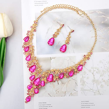 CSY Elegant Crystal Costume Jewelry Sets Flower Bridal Necklace Earrings Stretch Bangle Set for Bride Bridesmaid Wedding Dress Accessories - color: hot pink crystal-gold tone