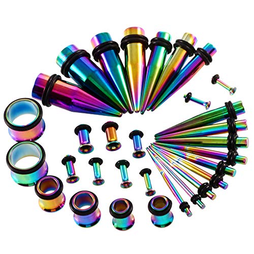 36pcs Ear Stretching Kit 14G-00G Surgical Steel Tapers Tunnels Gauges Set for Starter Women and Men Expanders Body Piercing Jewelry - color: Rainbow