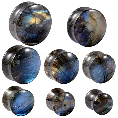 Pair Labradorite Stone Ear Flesh Tunnel Plugs Double Flared Plug Glow Stone Ear Gauges Expander - style: Ear Plugs