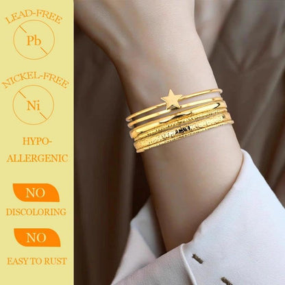 Gold Layer Bangle Bracelets for Women Dainty Star Charm Half Open Cuff Multi Textured Bangles Adjustable Stackable Hand Chain Non Tarnish Punk Statement Jewelry Boho Beach Jewelry Stacked