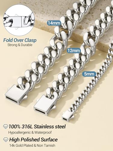 PROSTEEL Chunky Cuban Link Curb Chain Necklace for Women Men, Stainless Steel Choker Thick Trendy Statement Hip Hop Miami Cuban Chain Jewelry Gifts Unisex Size,5/12/14mm Widths,18"/20" - color: 14mm-Silver, size: 18inches