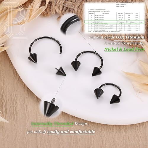 G23 Titanium 14/16/18/20G Septum Rings Horseshoe Nose Ring Jewelry | 2/3Pcs Circular Barbell Spike Lip Body Piercing Jewelry Conch Helix Tragus Earring Silver/Black 8/10/12mm 14K Gold Plated - color: Black-3pcs, size: Spike-3pcs-20g-8/10/12mm