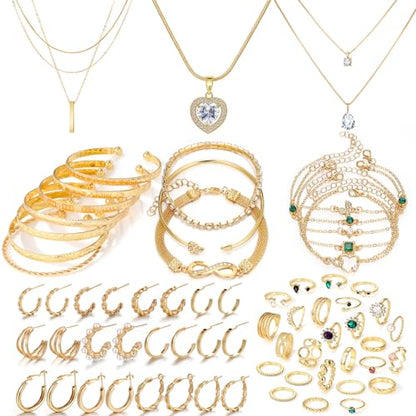 IFKM Gold Plated Jewelry Set for Women,14k Gold Plated Multi Layer Necklaces Stackable Bangle Bracelets Stackable Knuckle Rings Hoop Earrings Set Anniversary Trendy Elegance Charms Anniversary Birthday Jewelry Gift - color: Gold stackable