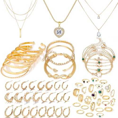 IFKM Gold Plated Jewelry Set for Women,14k Gold Plated Multi Layer Necklaces Stackable Bangle Bracelets Stackable Knuckle Rings Hoop Earrings Set Anniversary Trendy Elegance Charms Anniversary Birthday Jewelry Gift - color: Gold stackable