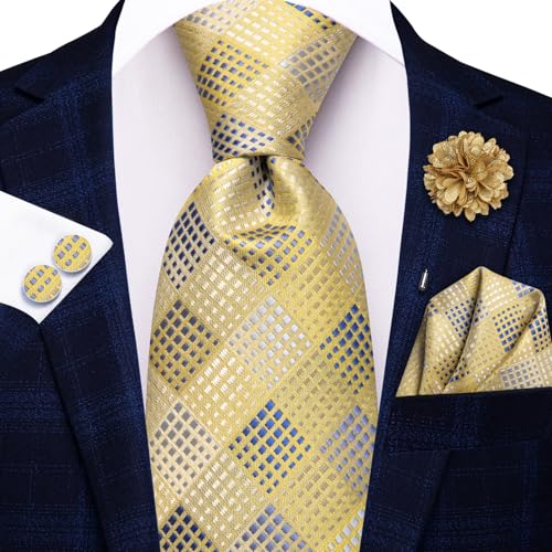 Hi-Tie Men's Silk Ties Formal Woven Classic Necktie Pocket Square Cufflinks Lapel Pin Set Wedding Business - color: A Yellow and Blue