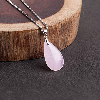 iSTONE 925 Sterling Silver Natural Crytral for Womens Pendant Necklace, Gemstone Birthstone with 17.8" Silver Chain Ladies - color: Rose Quartz