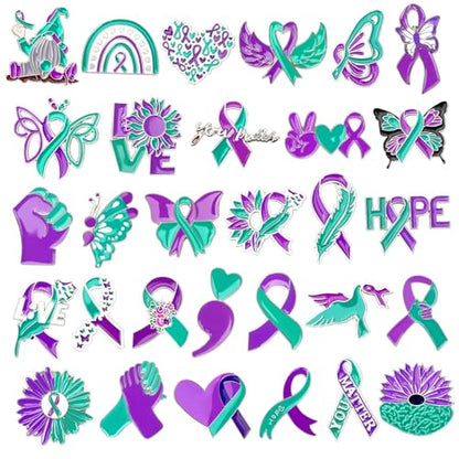 SANNIX 60Pcs Suicide Prevention Awareness Pins, Suicide Awareness Lapel Pin Purple Teal Ribbon Brooch Badges for Social Public Charity Event Party Favors - style: Suicide Prevention Awareness