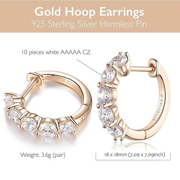 Evabelle Gold Hoop Earrings for Women 14K Real Gold Plated Cubic Zirconia Diamond Hoop Earrings Huggie Hoop Earring Women Earrings Earring for Men 925 Sterling Silver Post Hypoallergenic - color: Hoops 03-14K Rose Gold Plated