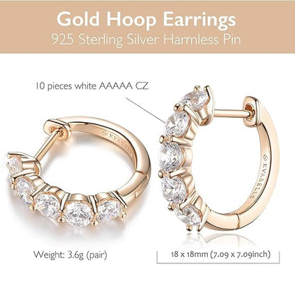 Evabelle Gold Hoop Earrings for Women 14K Real Gold Plated Cubic Zirconia Diamond Hoop Earrings Huggie Hoop Earring Women Earrings Earring for Men 925 Sterling Silver Post Hypoallergenic - color: Hoops 03-14K Rose Gold Plated