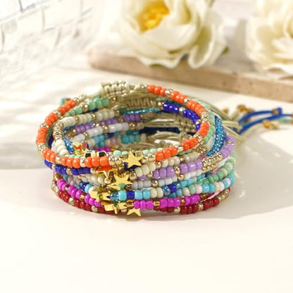 Colorful Stackable Rice Small Mini Seed Beaded Bracelets Set For Women, Handmade Dainty Boho Gold Glass Stretch Accessories Jewelry,Summer Beach Party Daily Friendship Gift - color: 12Pcs Star