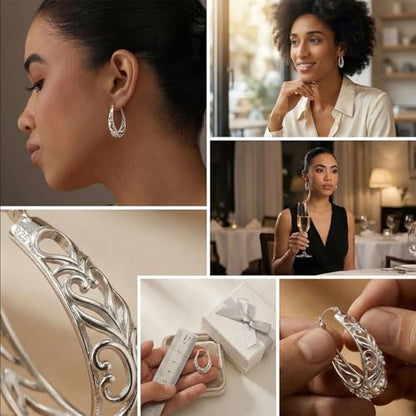 LeCalla 925 Sterling Silver Hoop Earrings | Women's Filigree Hoop Earrings | Openwork Mesh Filigree Cut Earring | Lightweight & Hypoallergenic Vintage Hoop Earrings for Women - style: Silver / Oval Filigree