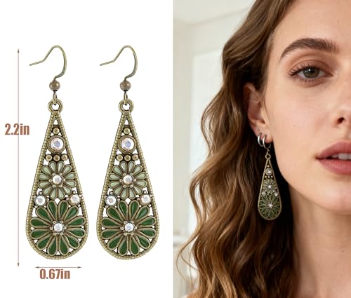 Bohemian Crystal Teardrop Dangle Earrings, Copper, Tribal Geometric Design, Handmade National Style for Women - color: Green