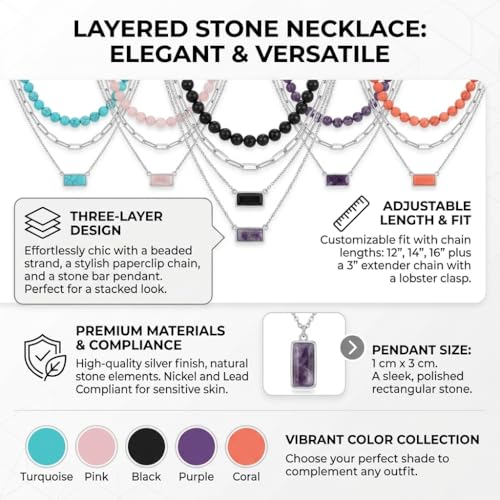 Layered Stone Necklace, Triple Strand Beaded Choker with Paperclip Chain, Boho Western Fashion Jewelry - color: Black