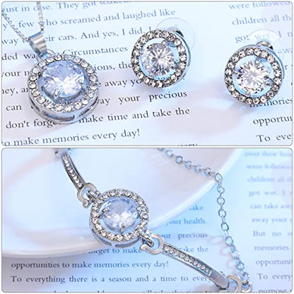 Crystal Jewelry Set for Women Cubic Zirconia CZ Jewellery Bridal Pendant Necklace Bracelet Earrings Set Wedding Jewelry Set - color: Silver