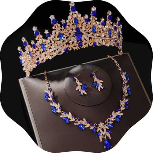 Kamirola Tiaras and Crowns for Women,Tiaras Earrings Necklace, Crystal Bridal Jewelry Set, Costume Jewelry for Women Party Halloween Prom Pageant - color: GOLD BLUE