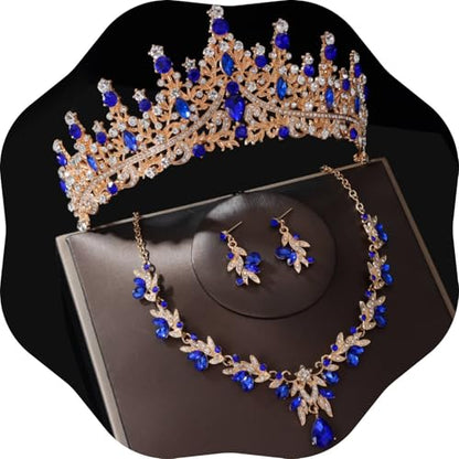 Kamirola Tiaras and Crowns for Women,Tiaras Earrings Necklace, Crystal Bridal Jewelry Set, Costume Jewelry for Women Party Halloween Prom Pageant - color: GOLD BLUE
