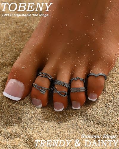 TOBENY 12PCS Gold Toe Rings for Women Non Tarnish Adjustable Open Set | Rose Black Waterproof Toe Ring Set, Sterling Silver Toe Rings, Flower Arrow Tail Band, Dainty Summer Beach Foot Jewelry - color: D-Black Color