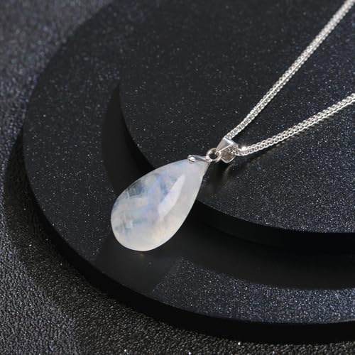 iSTONE 925 Sterling Silver Natural Crytral for Womens Pendant Necklace, Gemstone Birthstone with 17.8" Silver Chain Ladies - color: Moon Stone-teardrop