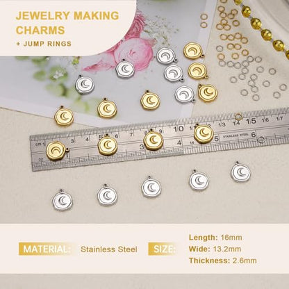 20 Pack Moon Charms for Jewelry Making Stainless Steel Round Pendant Charm Bulk with Jump Rings - color: Moon Gold Silver