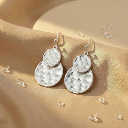 Antique Gold Hammered Disc Drop Earrings Boho Earrings with Two Tone Jewelry Gift - color: EH21299B