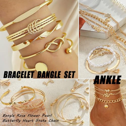 17IF 53 PCS(8 PACK) Silver Plated Jewelry Set for Women，4 Styles | with 6 Necklace 11 Ankle Bracelet 30 Kunckle Ring 6 Pair Earring Hoop Vintage Boho Pearl Birthday Travel Holiday - style: Classic