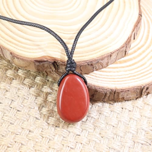 Natural Gemstone Pendant Necklace Healing Crystal Stone Choker Necklace Adjustable Waxed Black Rope for Men - color: Red Jasper