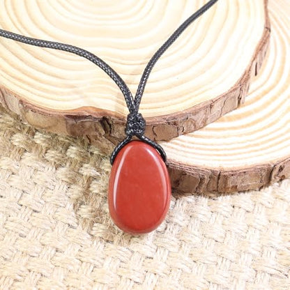 Natural Gemstone Pendant Necklace Healing Crystal Stone Choker Necklace Adjustable Waxed Black Rope for Men - color: Red Jasper