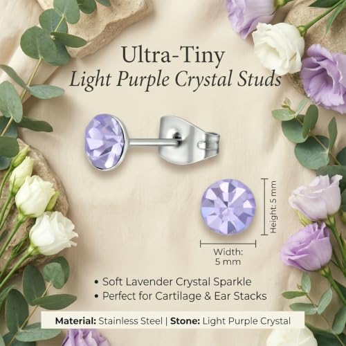 Stainless Steel Stud Earrings 5mm Crystal Birthstone Ultra-Tiny Cartilage Tragus Helix Second Ear Stackable Jewelry - color: Light Purple