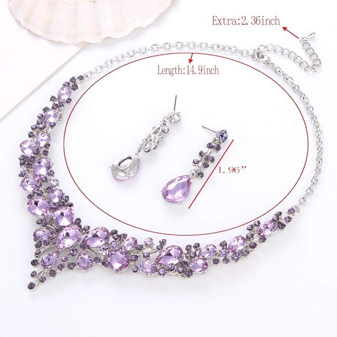 Molie Bridal Austrian Crystal Necklace and Earrings Jewelry Set Gifts fit with Wedding Dress - color: 4Pcs/Set-Light Purple