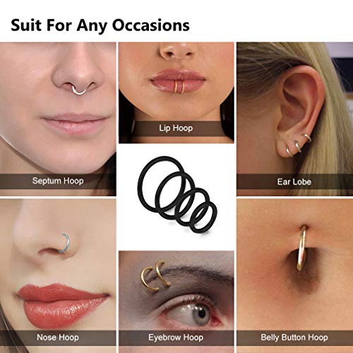 4Pcs 16G 18G 20G Surgical-Steel-Piercing-Ring-Nose-Rings-Hinged-Hoop-Earrings,6mm 8mm 10mm 12mm Seamless Stainless Steel Clicker Eyebrow Septum Piercing Hoop,Sliver Black Gold Rose Gold Rainbow Body Jewelry Set - color: 18G 8mm Black