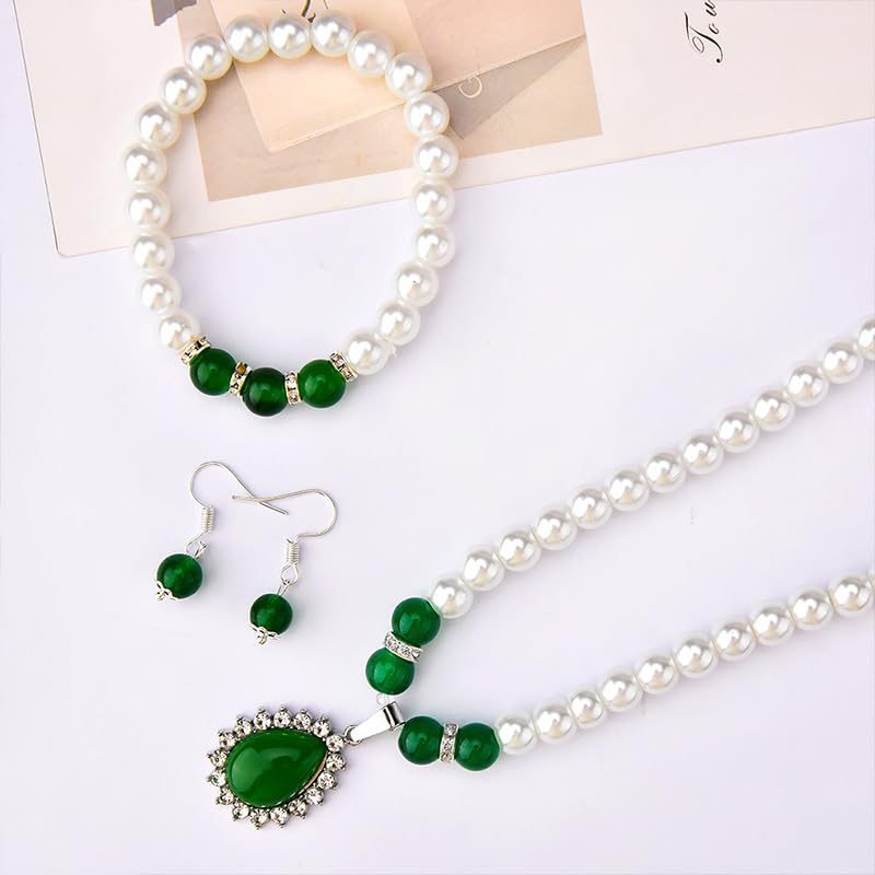 Faux Pearl Jade Necklace Earring Bracelet Set Green Bead Drop Earrings Elastic Beaded Bracelet for Mom Bride Adjustable Simulated Jade Pearl Choker with Diamond for Wedding Birthday Party Gifts 3PCS