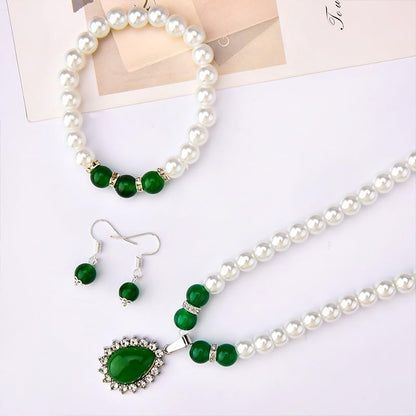 Faux Pearl Jade Necklace Earring Bracelet Set Green Bead Drop Earrings Elastic Beaded Bracelet for Mom Bride Adjustable Simulated Jade Pearl Choker with Diamond for Wedding Birthday Party Gifts 3PCS