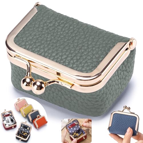 Genuine Leather mini Jewelry box, Portable Travel Jewelry case - Vintage mini Organizer with Kiss Lock for Rings, Earrings, Necklace, Bracelet | Gift for Women (Almond Green S 2.56in) - color: Almond Green S 2.56in