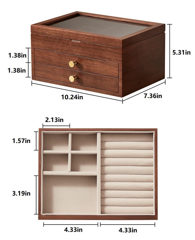 Black Walnut Wooden Jewelry Box Women with One-way Vision Mirror | Large Wood Jewelry Drawer Organizer, Glass Lid, With Mirror, For Necklaces Watch Ring Earring, Gift for Her, Velvet-Lined - style: 3 Layer A