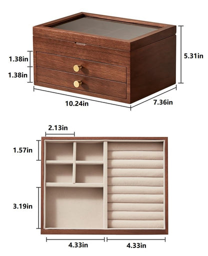 Black Walnut Wooden Jewelry Box Women with One-way Vision Mirror | Large Wood Jewelry Drawer Organizer, Glass Lid, With Mirror, For Necklaces Watch Ring Earring, Gift for Her, Velvet-Lined - style: 3 Layer A