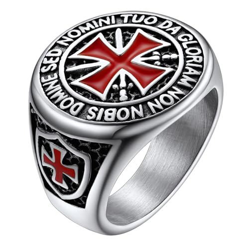 FaithHeart Mens Stainless Steel Crusader Jerusalem Cross Ring with 18K Gold Plated Two Tone Ring Size 7,8,9,10,11,12 - color: 02. Crusader Cross-Silver