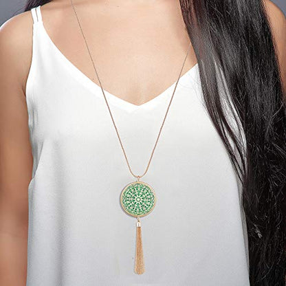 MOLOCH Long Necklaces For Woman Disk Circle Pendant Necklaces Tassel Fringe Necklace Set Statement Pendant - color: disk--gold-green