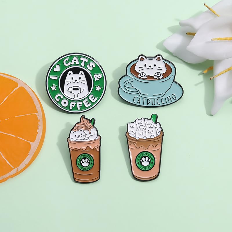 Cartoon Animal Enamel Brooch Set Cute Butterfly Duck Cat Lapel Pins for Backpacks Jacket Decoration Gifts for Friends - style: Bottle Cat Cup