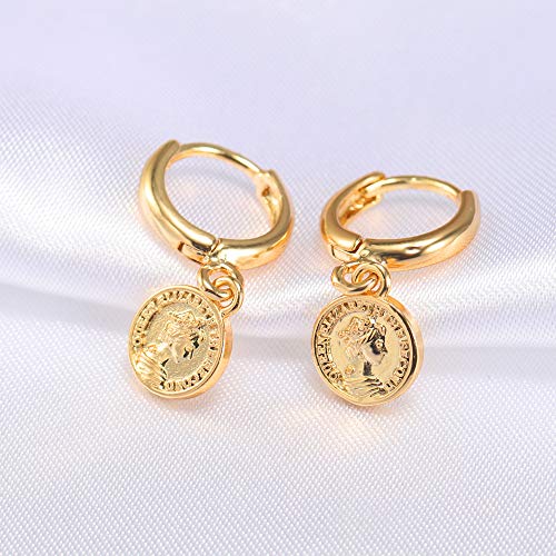 XYJZXY Gold Huggie Small Hoop Earrings with Charm Personalized Snake/Evil Eye/Star/Cross/Lock/Key 18k Gold Plated Crystal Drop Dangle Earrings for Women - style: Coin