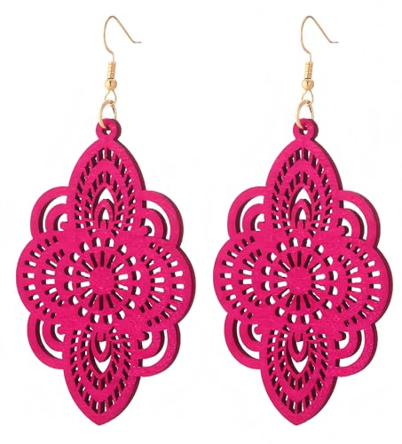 Boho Black Filigree Dangle Earrings for Women, Lightweight Hollow Lace Drop, Wood, 3.34" x 1.69", Bohemian Jewelry - color: Rose Red