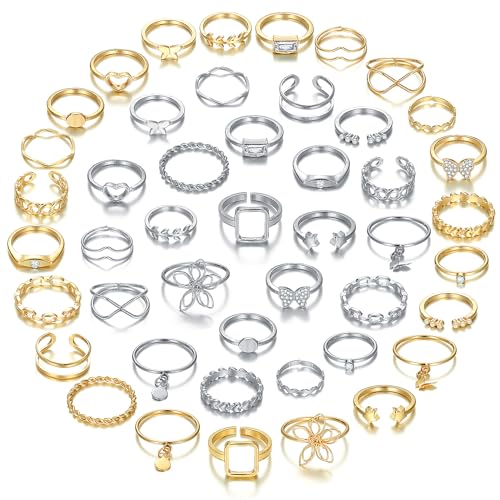 Golden Silvery Knuckle Rings Set for Women, Stackable Rings Bohemian Crystal Hollow Carved Flowers Joint Finger Rings Pack Fashion Jewelry Gifts for Birthday - color: 46 PCS