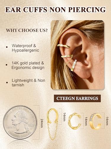 14K Gold/Silver Plated Ear Cuffs Non Piercing Set Clip On Dainty | Non Pierced Ear Cuff, Stackable Small Cartilage Hoop Huggie Set, Tarnish Resistant Hypoallergenic Trendy Jewelry Gift - style: gold style 11