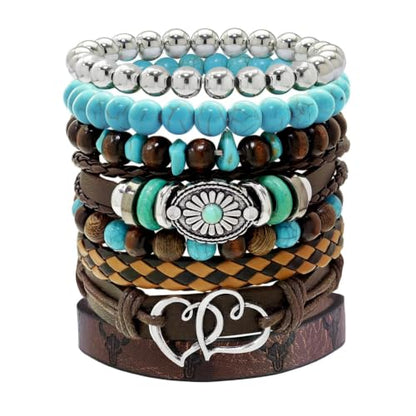Stack Turquoise Western Bracelets for Women Boho Turquoise Beaded Concho Bangle Ox-Head Charm Cowboy Chic Bracelets Western Jewelry Cowgirl Accessory for Country Concert Outfits - color: Silver Double Heart