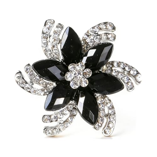 Black Crystal Flower Brooch Pin for Women Floral Rhinestone Lapel Pins Unique Petal Cubic Zirconia Bloom Brooch Vintage Elegant Wedding Brooches Dress Fashion Jewelry Accessories - color: black