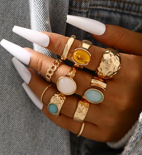 iF YOU 25 Pcs Gold Stackable Ring Set for Women, Chunky Knuckle Finger Midi Rings, Silver Simple Stacking Cute Rings Pack Trendy Stuff Jewelry Gift - style: 10 Chunky gold gem rings