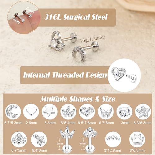 YADOCA 16G 18G Helix Flat Back Tragus Piercing Jewelry Earrings for Women | Hypoallergenic Surgical Steel Cartilage Earrings Daith Conch Medusa Nose Piercing Jewelry Gold Stud Earrings Set 6 7 8 10 MM - color: Silver, size: 16G(1.2MM)-6MM-Classic