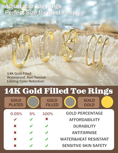 ORAZIO Gold Toe Rings for Women Non Tarnish 14K Gold Filled Toe Ring Adjustable Hug CZ Triple Open Band Rings Summer Beach Foot Jewelry for Women 4Pcs - style: Bow