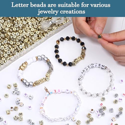 1000Pcs Acrylic Gold Letter Beads Alphabet Colorful Letter Black Round Beads for Friendship Bracelets and Gifts Souvenir Jewelry Making(4 * 7mm Round) - color: Black Gold(Round)