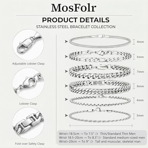 6 Pcs Silver/Gold Bracelets for Men, Cuban Link Chain Stainless Steel Bracelet Stack Metal Figaro Rope Black Bracelet Set Mens Fashion Accessories Jewelry Set for Men Dad Husband Son 7.5/8.3/9 Inches - size: 8.3 in-Men Medium Women Large