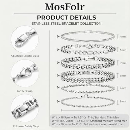 6 Pcs Silver/Gold Bracelets for Men, Cuban Link Chain Stainless Steel Bracelet Stack Metal Figaro Rope Black Bracelet Set Mens Fashion Accessories Jewelry Set for Men Dad Husband Son 7.5/8.3/9 Inches - size: 7.5 in-Men Small Women Medium